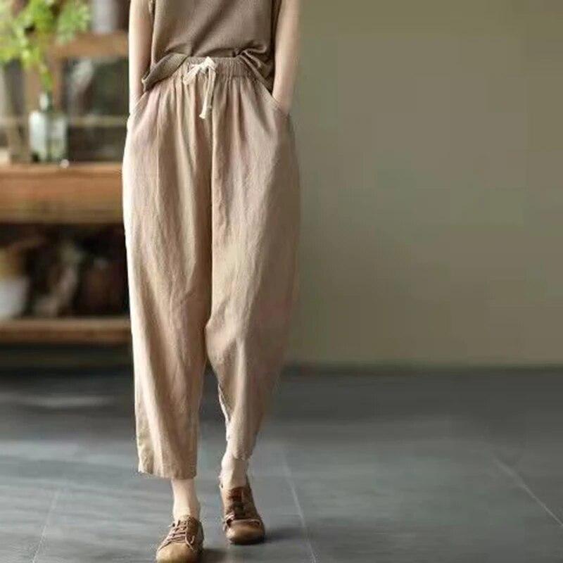 Spring Summer Cotton Linen Pants Women Solid Color Casual Ankle-length Pant Woman Lace-up Waist Loose Trousers