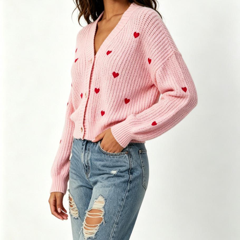 Women's Heart Jacquard Knit Cardigan - European, American & Korean Fashion V-neck Color Block Sweater Coat for Autumn/Winter