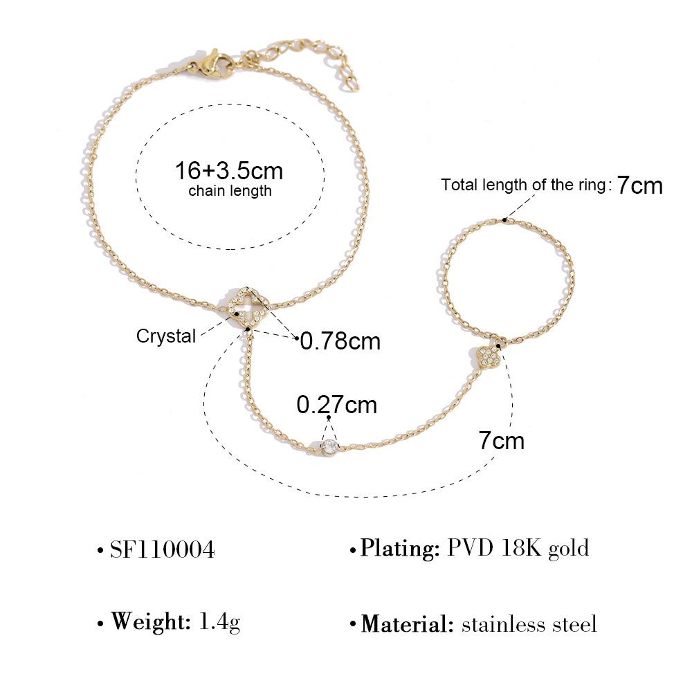 18K Gold Plated Stainless Steel Clover CZ Hand Chain Bracelet Ring Connected for Women Dainty