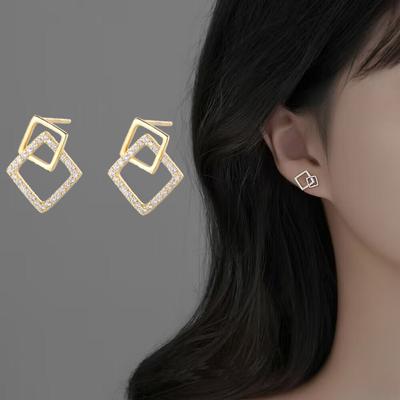 Rhombus Pendants Women's Hanging Earrings Gold Color Buckle Drop Earrings Rhinestone Statement Earrings