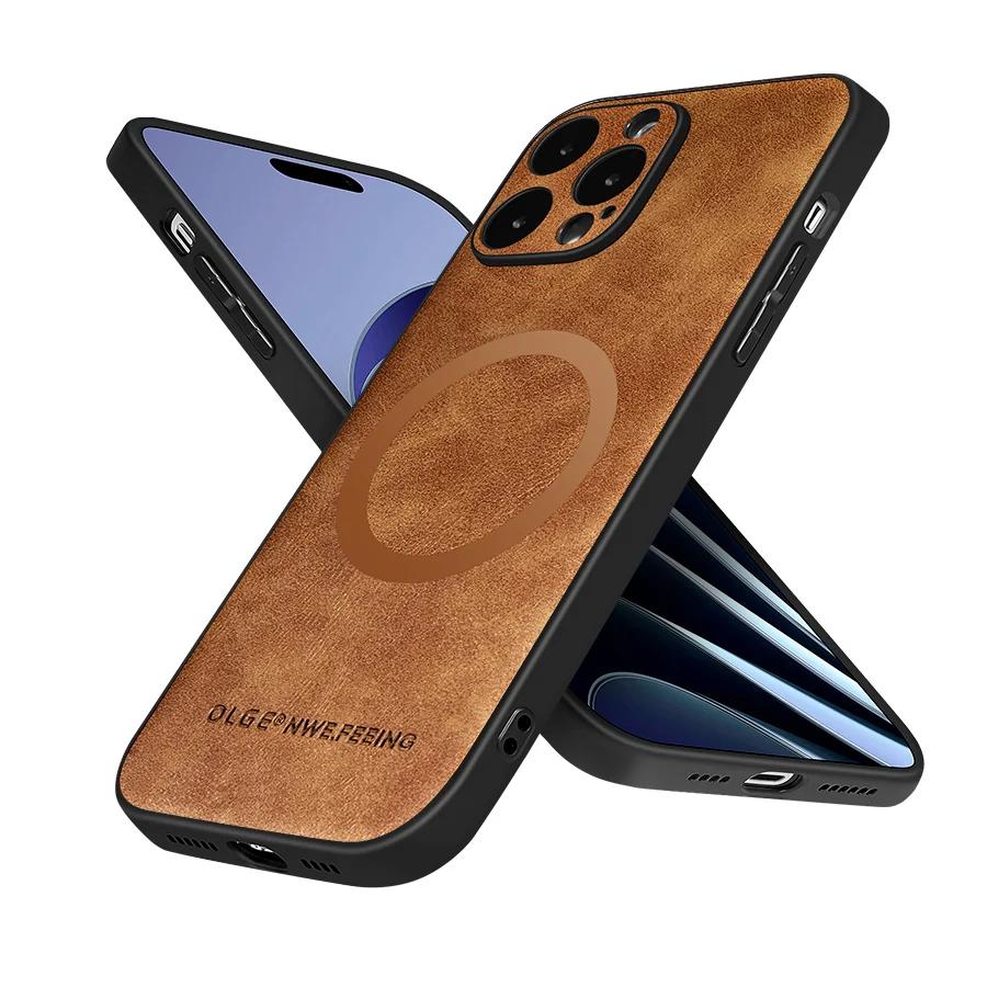 Luxuriöses Kalbsleder O-Ring Magnetisches Lederetui für iPhone 16Plus 16ProMax 16Pro 16 Stoßfestes Kabelloses Ladeetui Capa