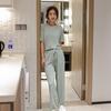 Summer Ladies Pajamas Loungewear Set Summer Thin Solid Color Loungewear Short Sleeves Elasticated Waist Trousers Lazy Pajamas