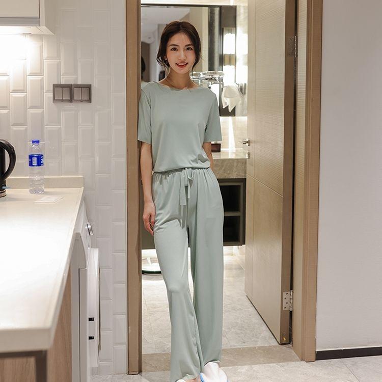 Summer Ladies Pajamas Loungewear Set Summer Thin Solid Color Loungewear Short Sleeves Elasticated Waist Trousers Lazy Pajamas
