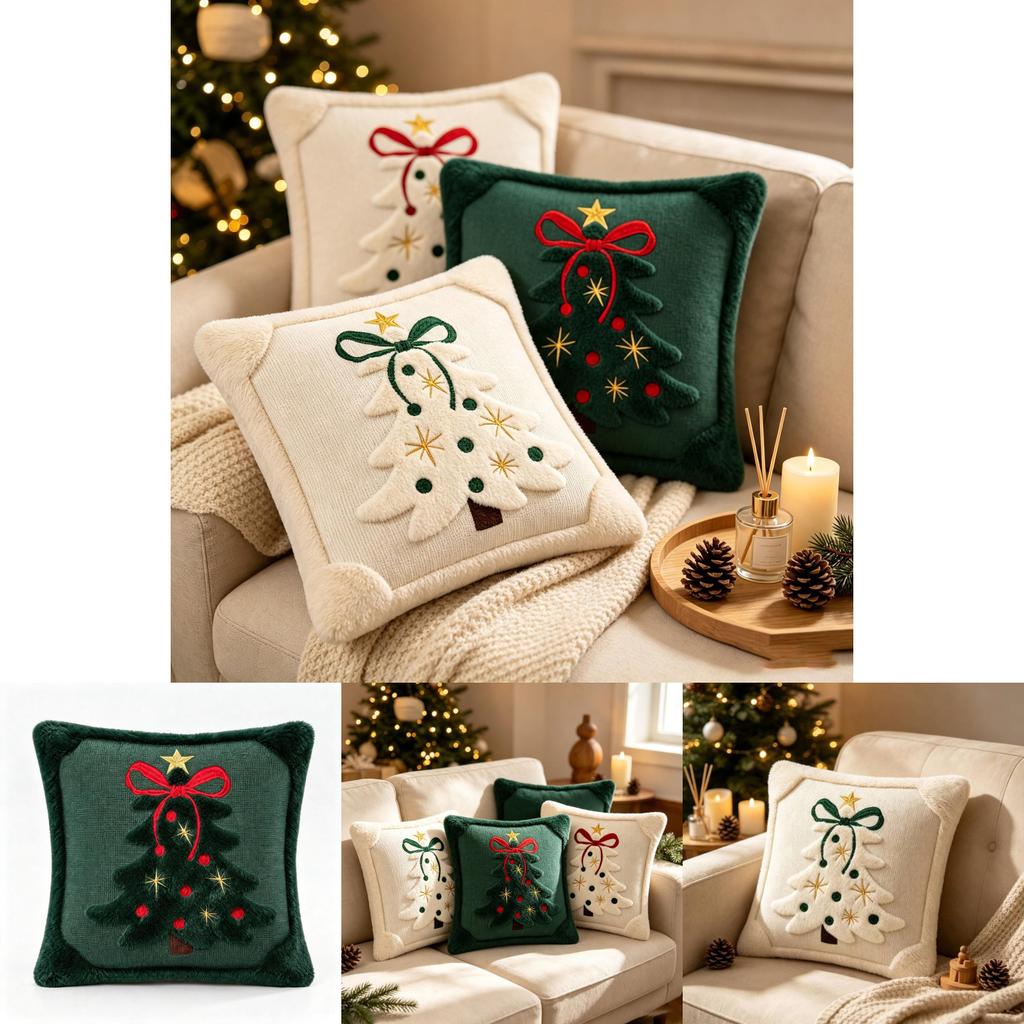 Christmas Tree Embroidered Pillow Cover With Bow Design For Home Decor