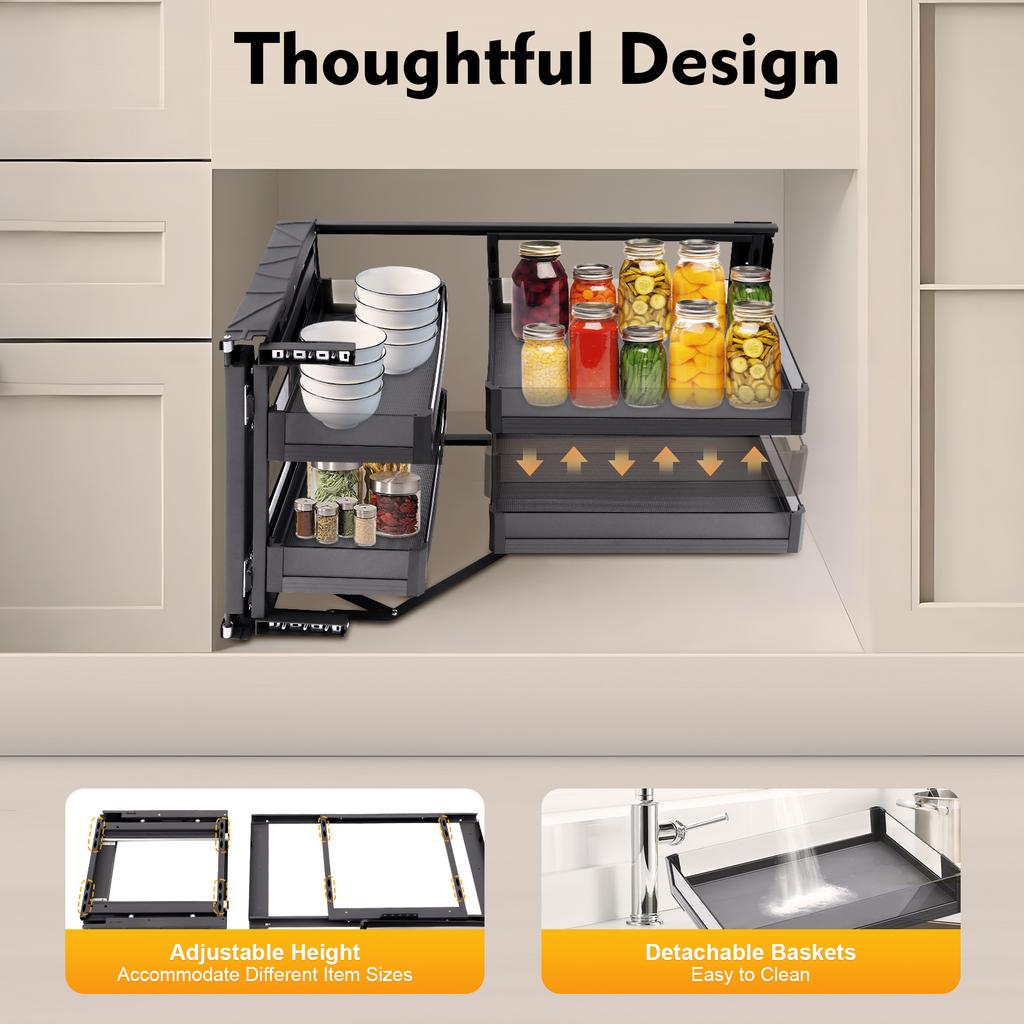 14 In Full Extension Blind Corner Pull Out, Cabinet Organizer Swing Out Tray, 2 Tier Magic Corner Lazy Susan Storage Solution