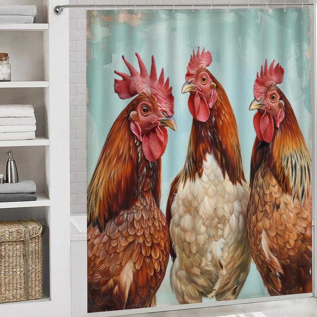 6style 4Pcs Bathroom Shower Curtain Set Chicken Farmhouse Bathroom Curtain With 12 Hooks Non Slip Rugs Toilet Cover Mat Bathroom Partition