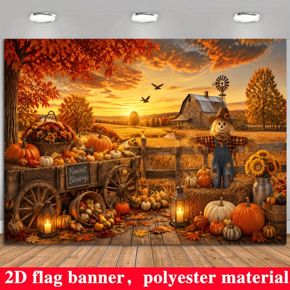2D Flat Banner - 1 piece of background fabric. Autumn Harvest theme background fabric presenting the scene of a farm in autumn.