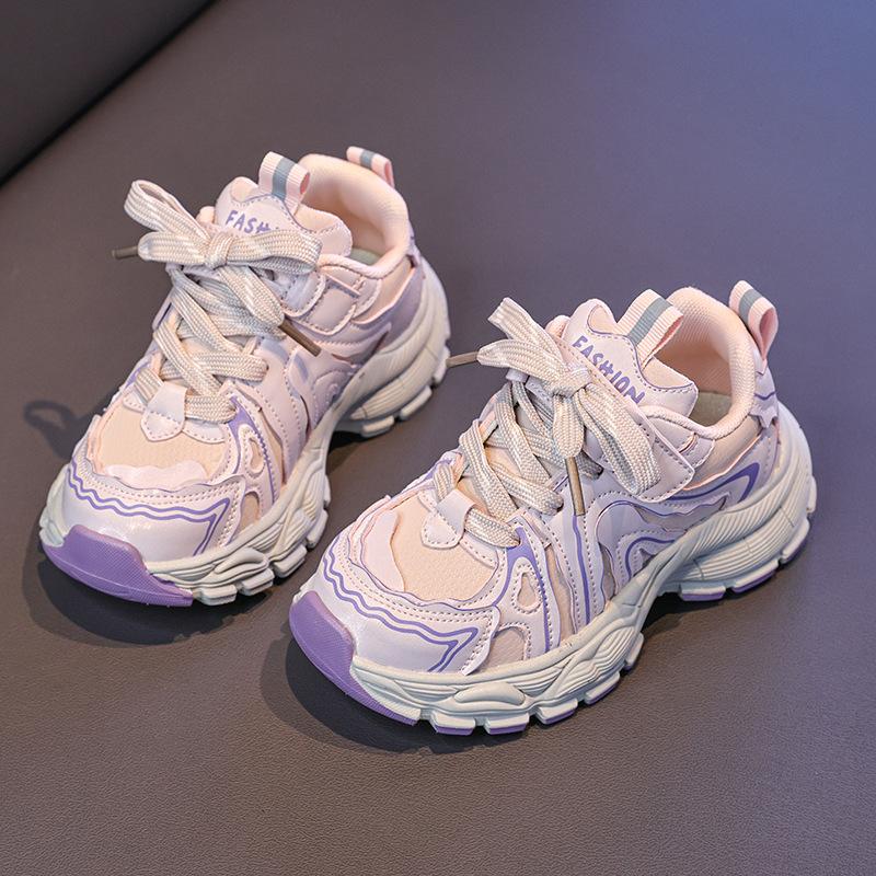 Boys' Fashionable Color-Block Sneakers2026New Autumn Leather Girls' Casual Shoes, College Style Running Shoes, Trendy