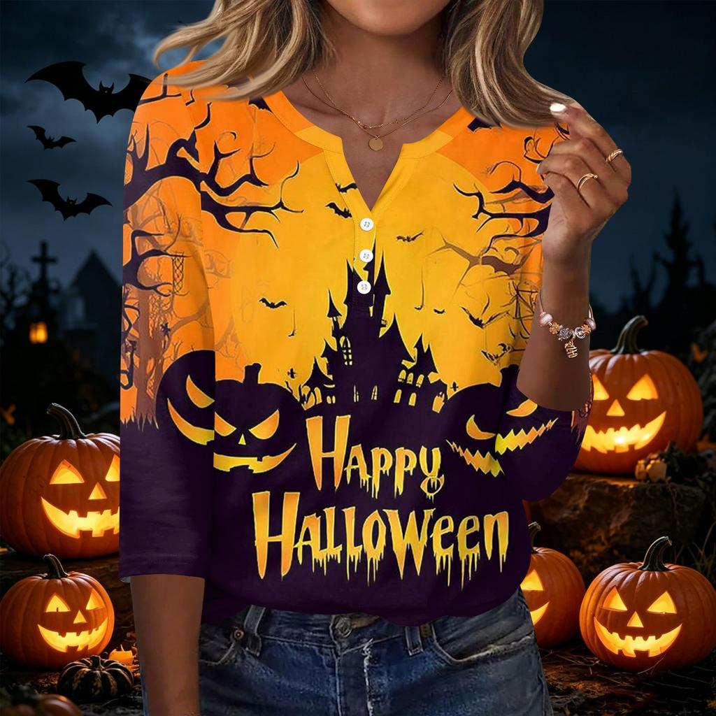 Women's Casual Halloween Print V Neck Button Three Quarter Sleeve T Shirt Top Lightweight Comfortable Fit Seasonal Graphic Tee