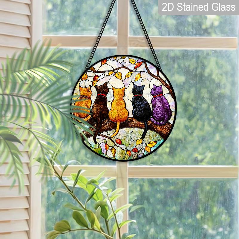 2D Flat Stained Glass 5Cats on A Branch Window Decoration, 7.87inches Cute Colored Glass Plate with Chain, Summer Sun Catcher Home Decor, Unique