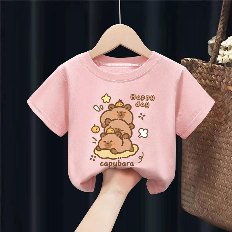 Kids girls T-shirt Capybara Tees 3-10Years toddled girls Short Sleeved Clothes baby Girls Round Neck Tops Birthday Gifts