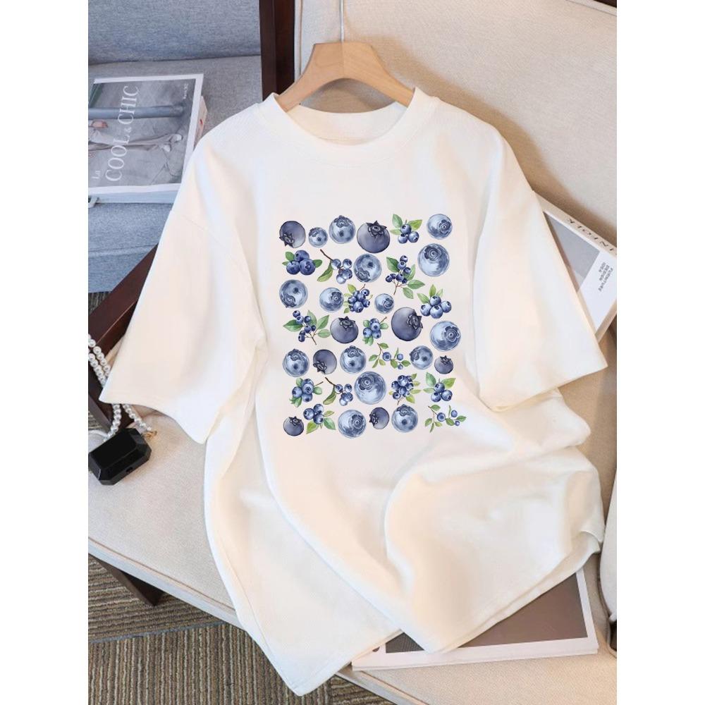 

100 Cotton Summer TShirts Womens Fresh Blueberry Fruits Printing Tops Soft Loose ONeck T Shirt Women Clothes Vintage Clothes S