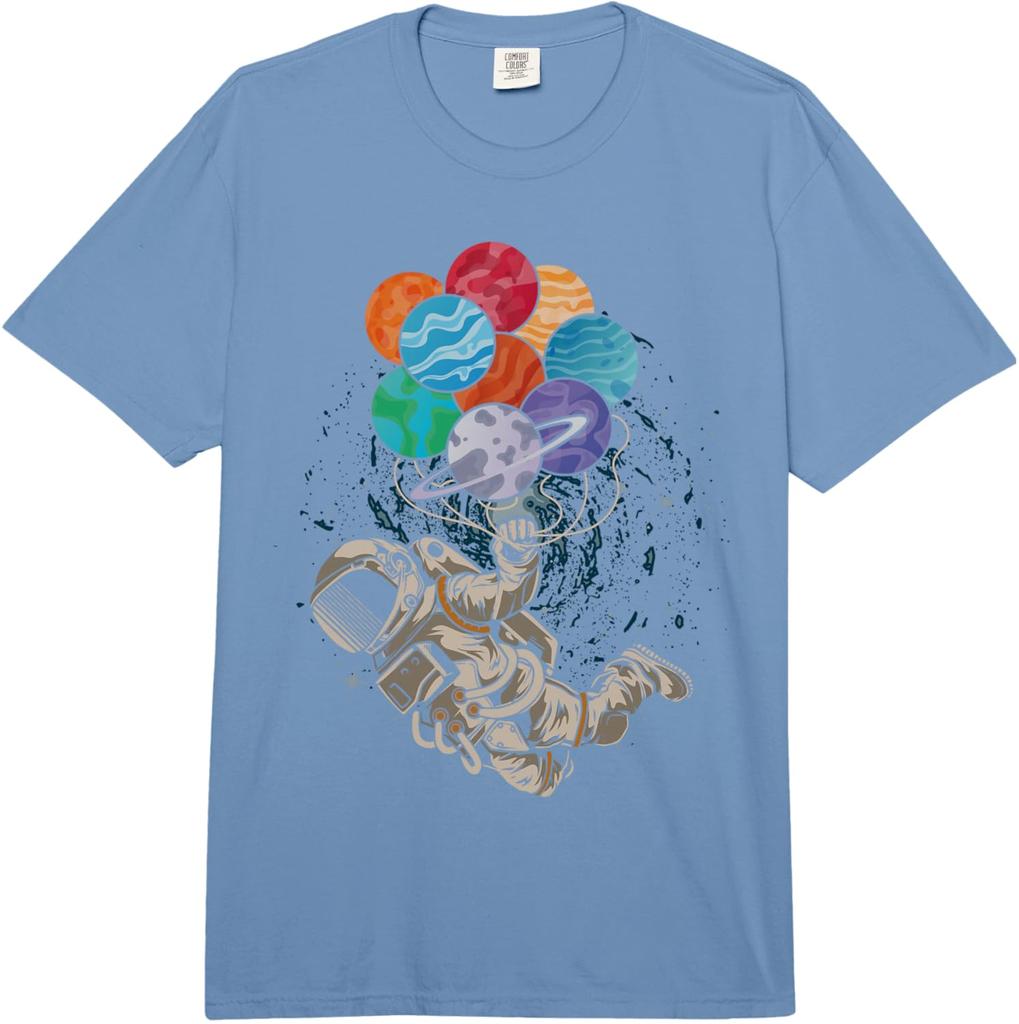 Astronaut Holding Planet Balloons Graphic TShirt Casual Short Sleeve Crewneck Tee for Men