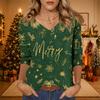 Women's Christmas Print V-Neck Three-Quarter Sleeve Casual Loose Fit Shirt