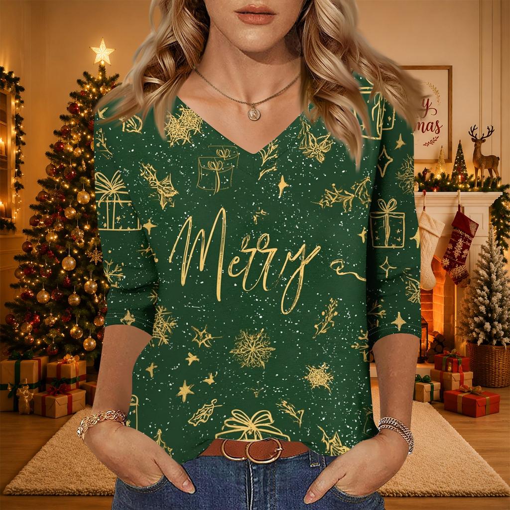 Women's Christmas Print V-Neck Three-Quarter Sleeve Casual Loose Fit Shirt