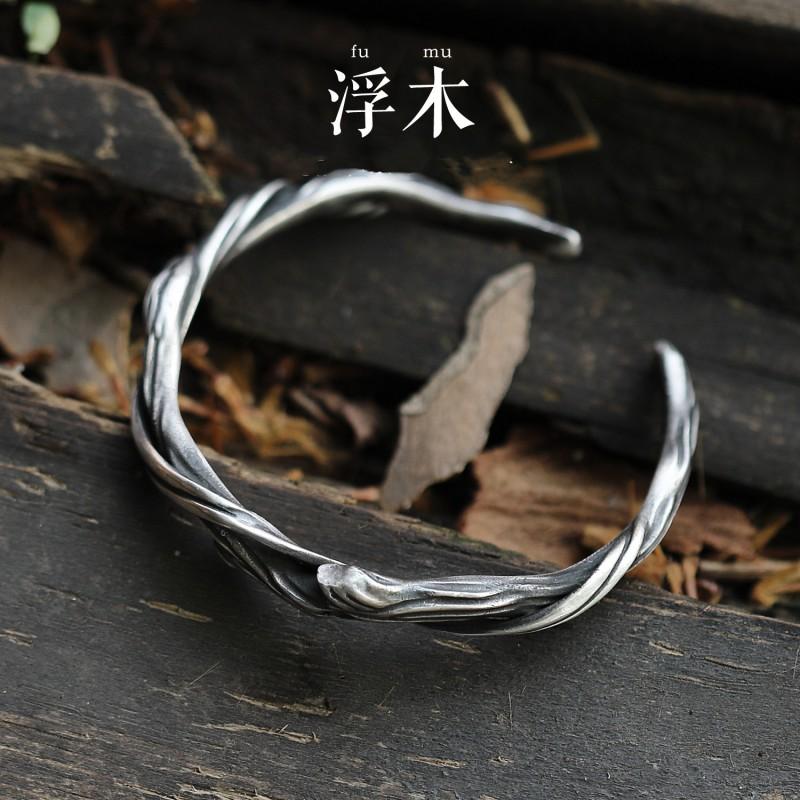 Mens Vintage Oxidized Plated Cuff Bracelet With Olive Branch Motif Minimalist Retro Jewelry Couples Copper-plated Silver