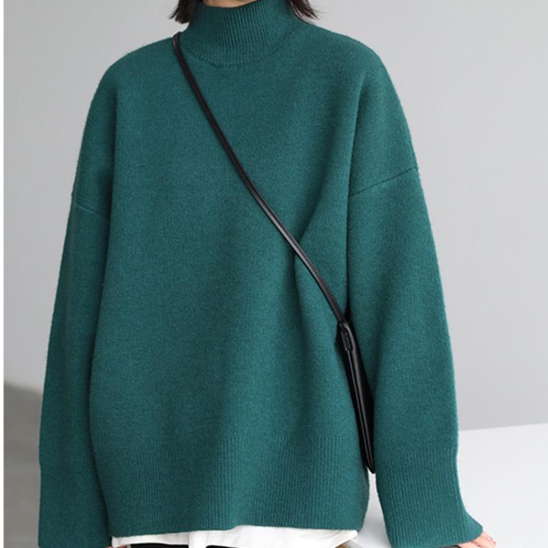 Semi-turtleneck Sweater Women's Autumn and Winter High-end Sense Lazy Wind Loose Medium and Long Bottoming Knitted Sweater Thickened Inside