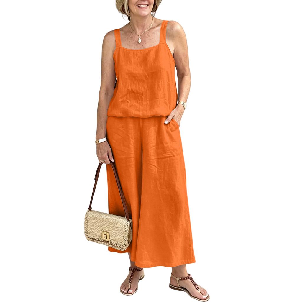 Women Linen Two Piece Set Sleeveless Tank Top Wide Leg Pants Casual Summer Outfit Lightweight Breathable Fabric