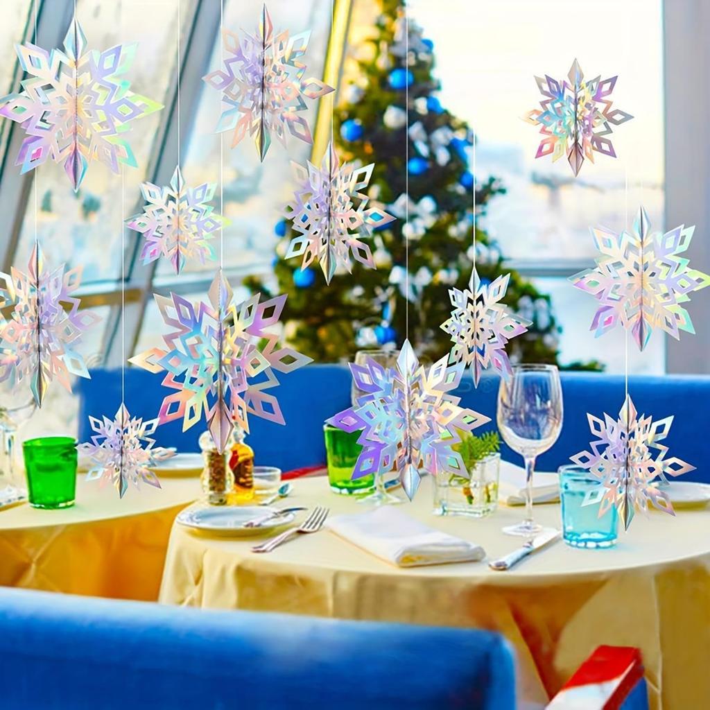 6pcs Iridescent 3D Paper Snowflake Garland - Perfect for Christmas, Winter Wonderland &Frozen Themed Parties-Hanging Decorations