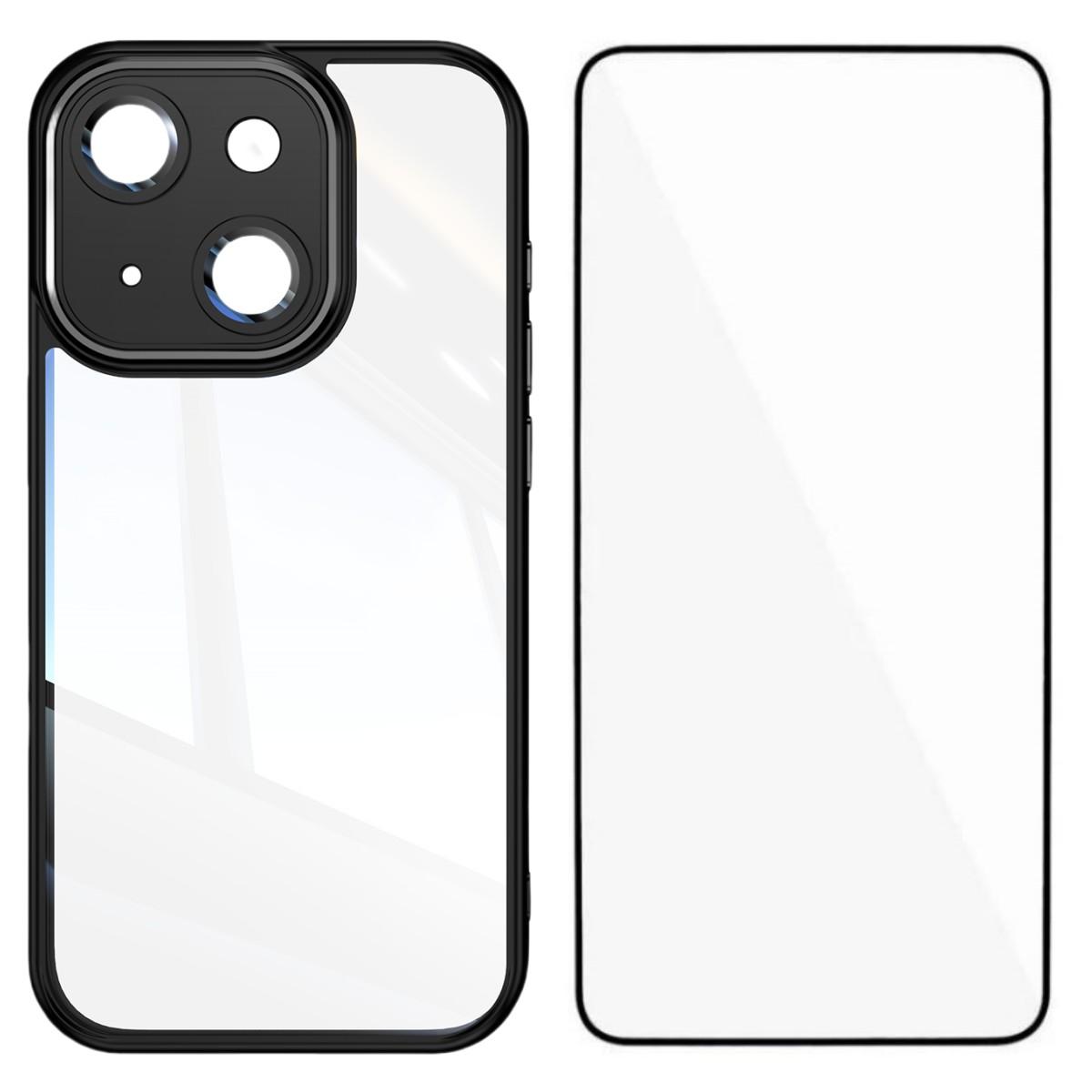 

For iPhone 14 TPU Case WANLONFENG Shockproof Clear Phone Cover with Tempered Glass Film Black