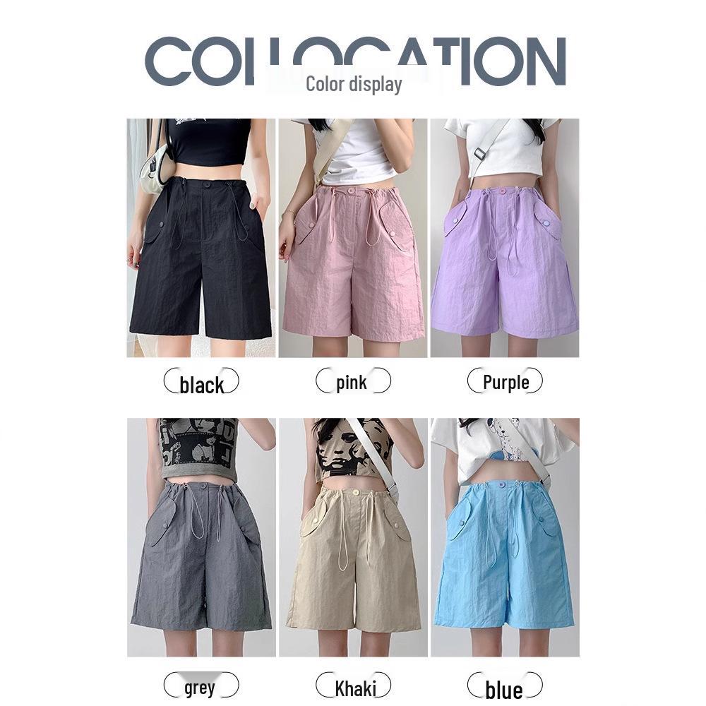Women's Pink Quick-Dry High Waist Cargo Shorts - Loose, Lightweight, Wide-Leg Summer Sports Pants.