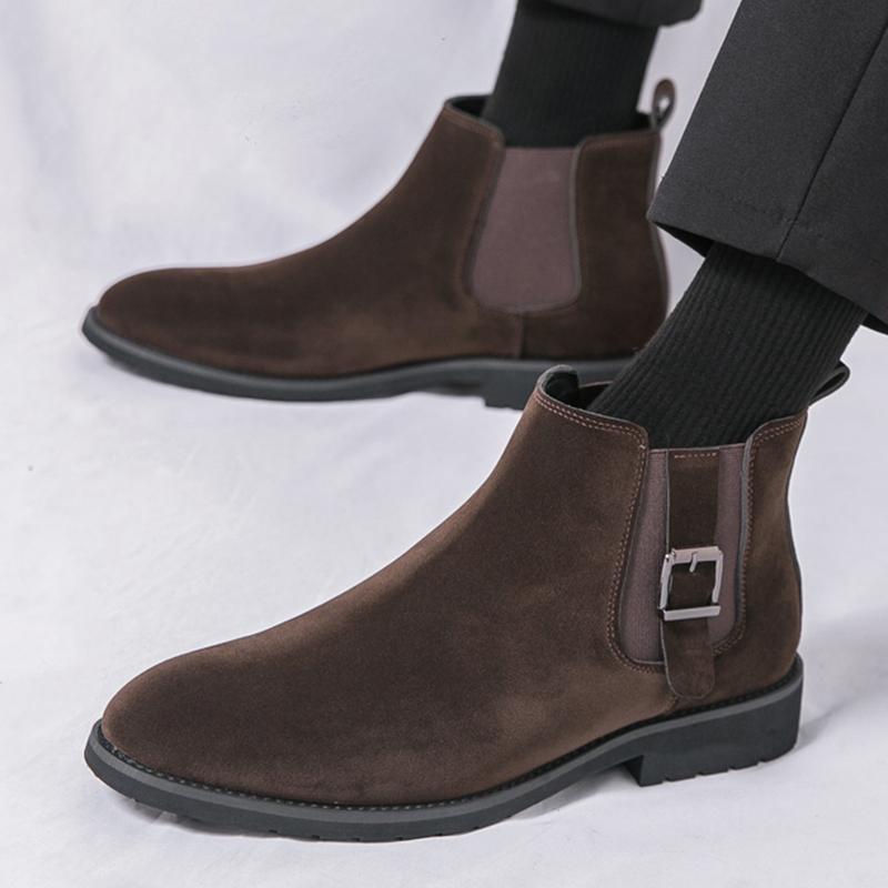 Fashion Winter Men's Pointed Suede Leather Buckle Chelsea Ankle Boots British Designer Botas Trend Casual High-tops Shoes Zapatos Hombre