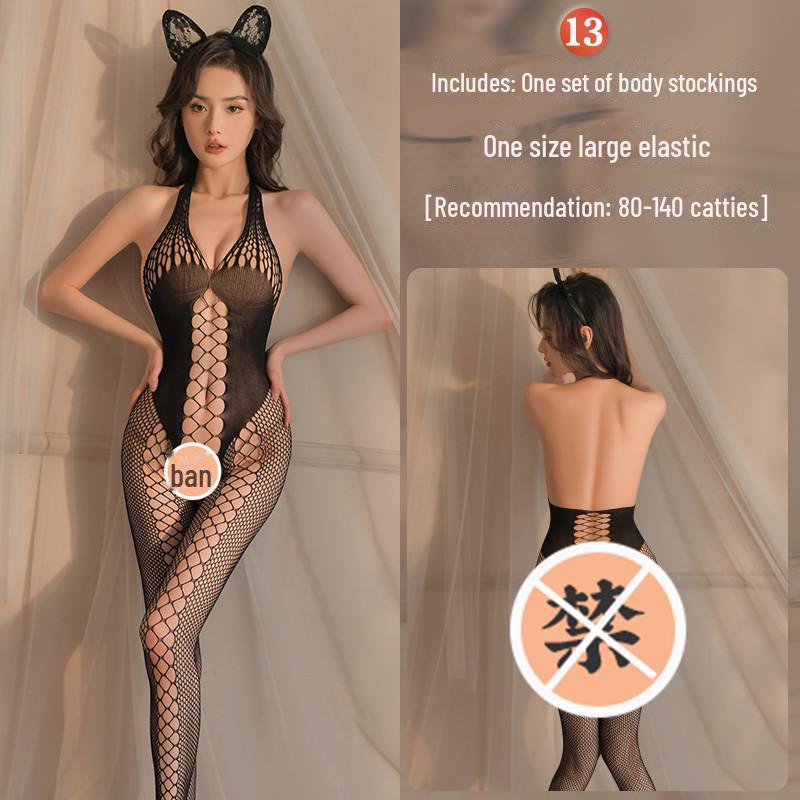 Erotic Black Mesh One-Piece Lingerie Set with Open Stockings - Tempting and Sexy