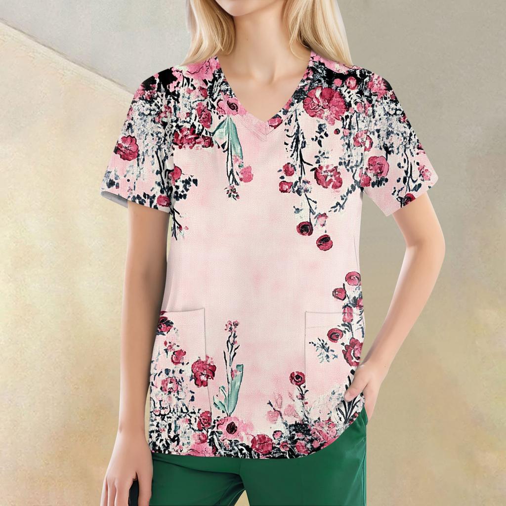 Women's V-neck Fashion Casual Printed Tops And Protective Workwear