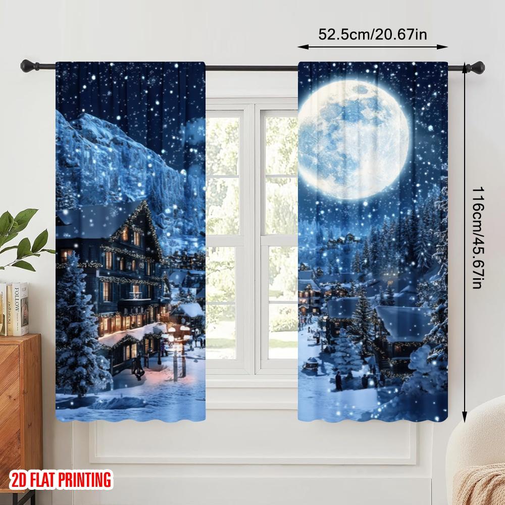 2pcs,2D Plane Printing Popular Curtains Winter Moonlit Village Polyester (without Rod) Decorations Outdoor for Living Room and