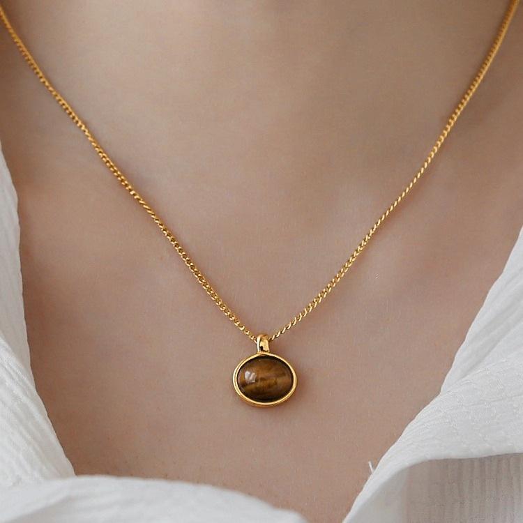 Elegant 18K Gold Plated Tiger's Eye Pendant Necklace with S925 Sterling Silver for Women