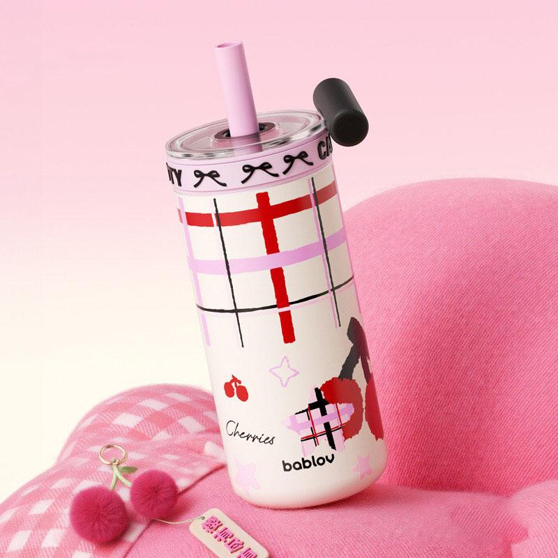 Bablov Thermos Cup Double-layer Cold Insulation Straw Cup Stainless Steel Vacuum Flask High Borosilicate Glass Liner Coffee Cup
