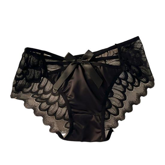 Women Sexy Lace Satin Panties Mid Waist Silky Underwear with Bow Lady Seamless Briefs Invisible Bikini Underwear