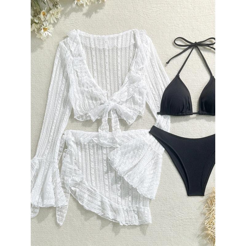 4PCS Halter With Sarong Long Sleeve Bikini Female Swimsuit Women Swimwear Four-pieces Bikini Set Bather Bathing Suit Swim V6338B