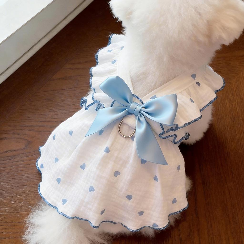 Heart Print Pet Dress with Bow, Breathable Cotton Dog Cat Clothes, Adjustable Pet Outfit with D-ring