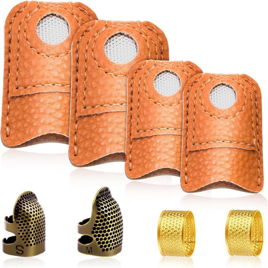 8 Pieces Thimble Assortment Adjustable Leather Guarding Finger Cap for Quilters,