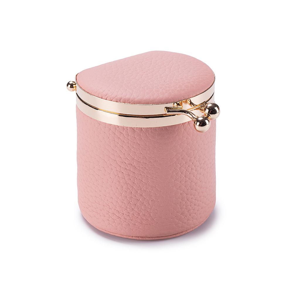 Portable Real Leather Jewelry Travel Wallet Mini Kiss-Lock Cylindrical Storage Box, Compact Organizer for Rings, Earrings, Coins