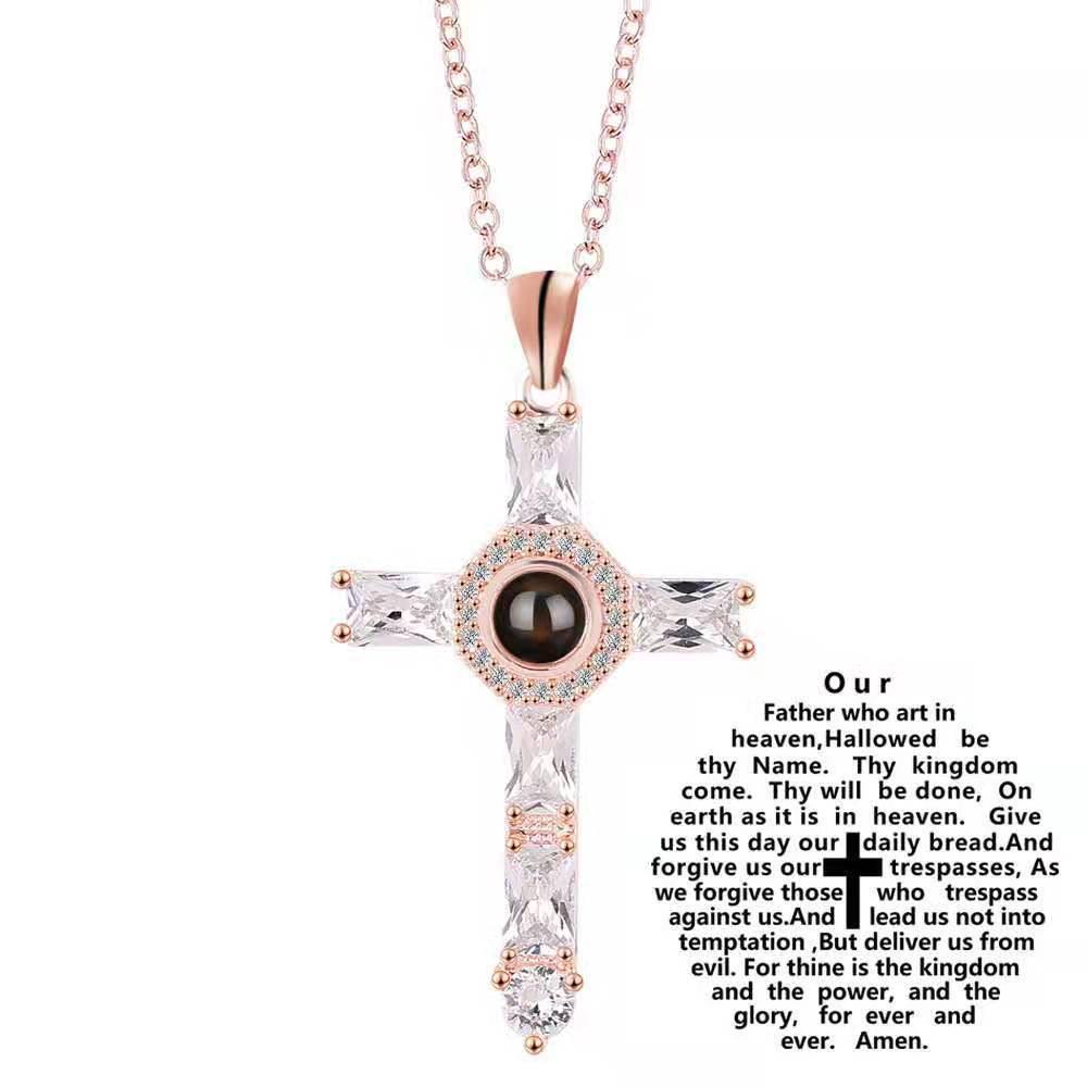 European & American Crystal Cross Projection Pendant Necklace with Diamond Accents