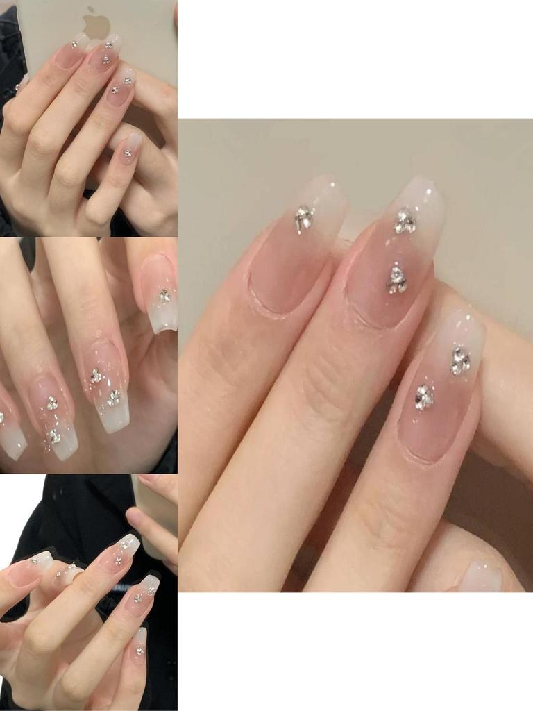 Handmade Gradient Nude Nail Stickers Wholesale For Students With Detachable Sparkling Rhinestones