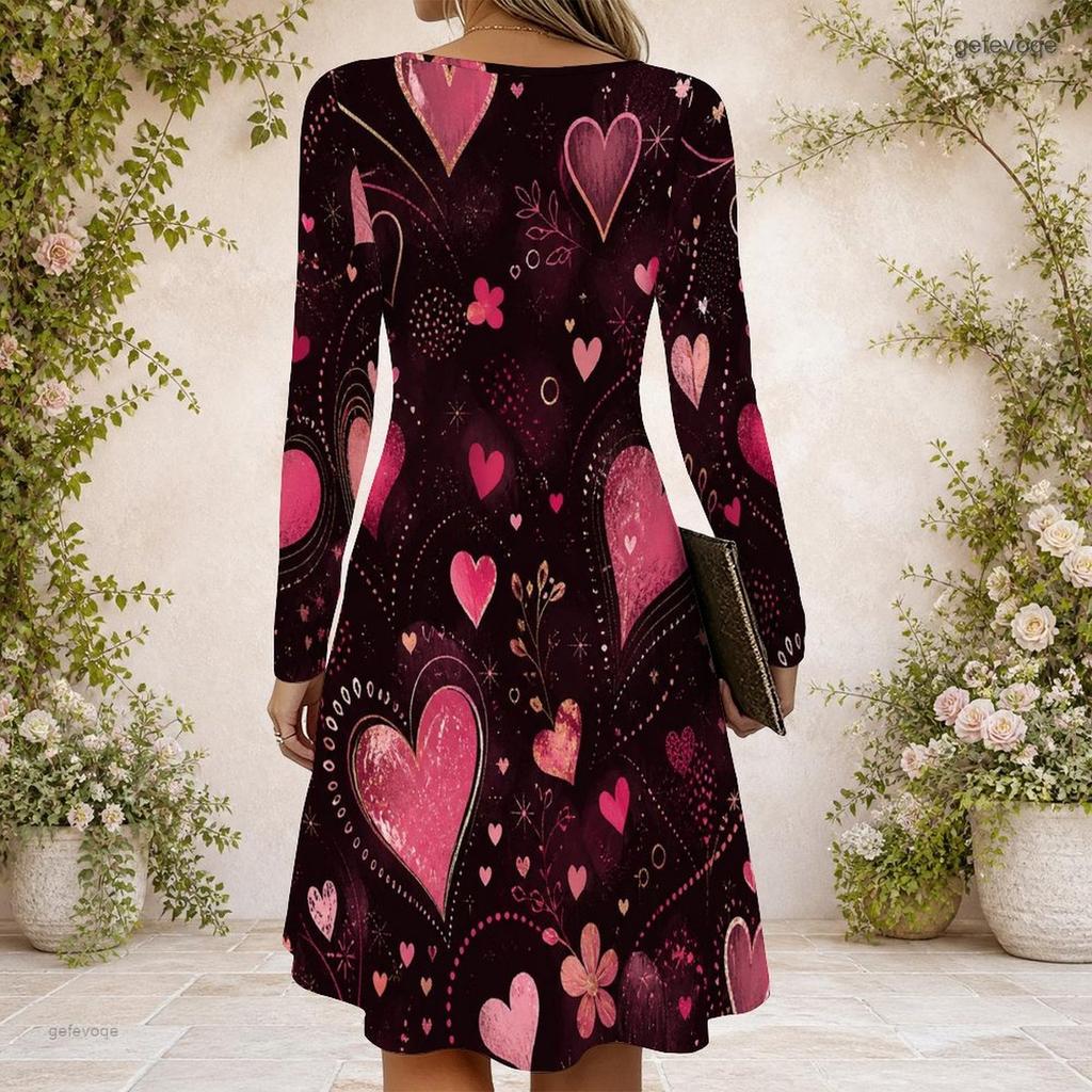 Women Cross V Neck Long Sleeve Dress Pink Heart Floral Print Irregular Hem Dress
