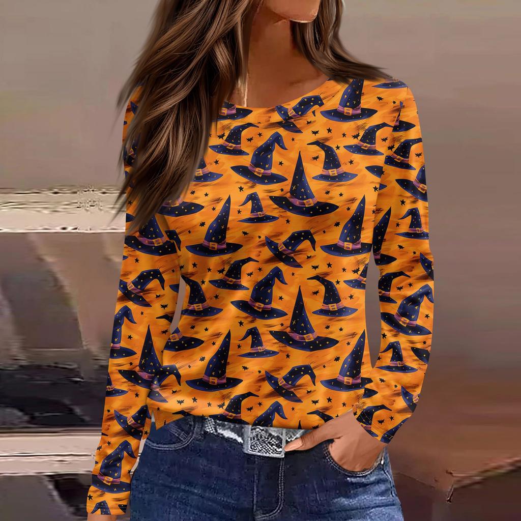 Damenmode Saumschlitz Lässig Halloween-Print Rundhals Langarm Oberteil