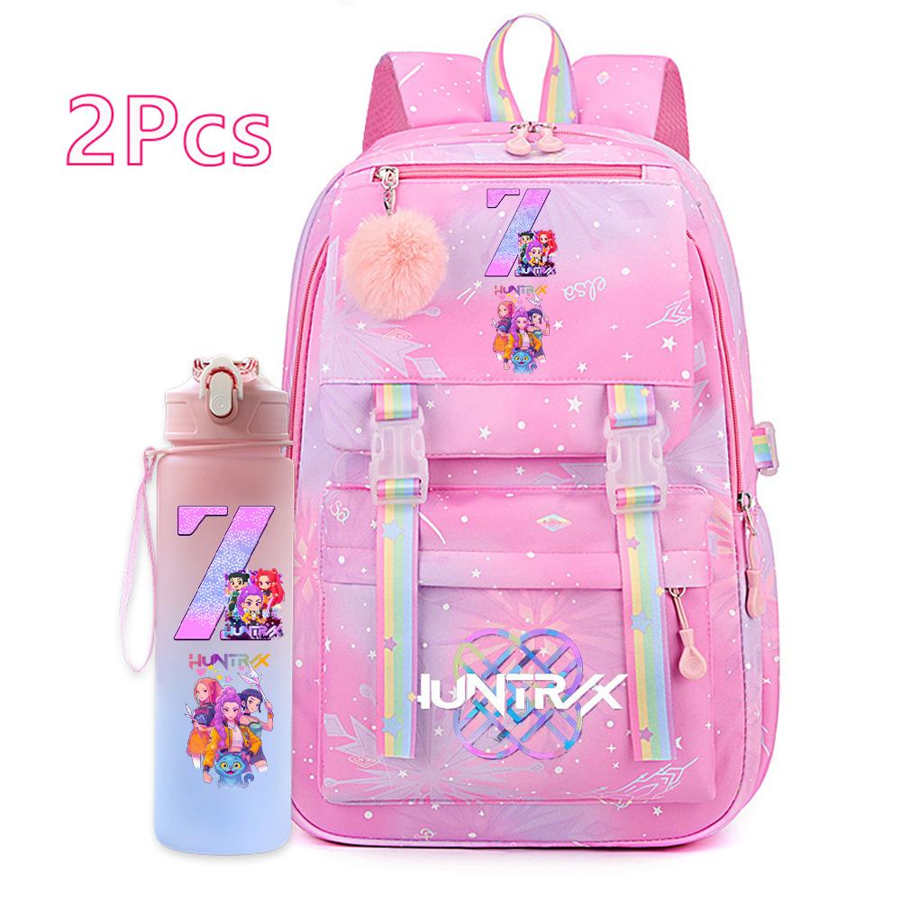 2 Stück/Set Ainme K-Pop Demon Hunters Rucksack mit englischem Buchstabenaufdruck mit Wasserflaschenhalter für Teenager Mädchen Jungen Schultasche Reisetasche