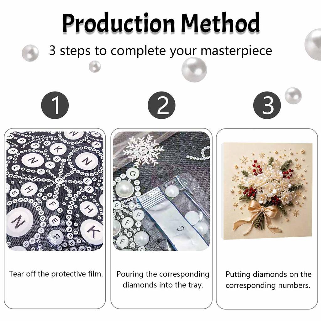 DIY 5D Pearl Painting Kit Framed with White Floral Bouquet and Red Berries Sparkling Bead Canvas Art Creative Gift for Nursery Room Decor