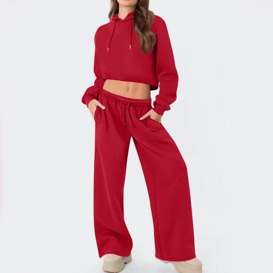 Damen 2-teilige Outfits Langarm Crop Hoodies Trainingsanzüge Lässige Pullover Sweatshirts und Lange Hosen Set mit Taschen