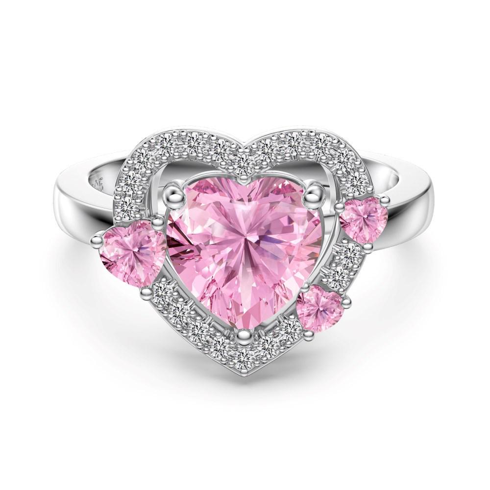 

Sterling Silver S925 Princess Pink Heart Necklace, Ring, & Clavicle Chain Set Sterling Silver