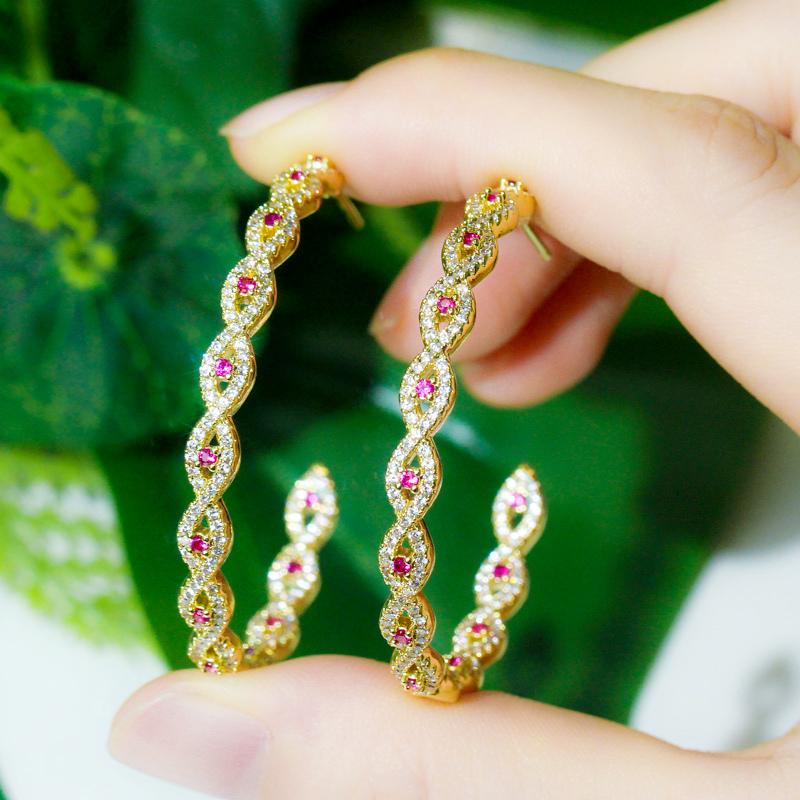 WWJ Glitter Green Zircon Circle Hoop Earrings Golden Color Jewelry