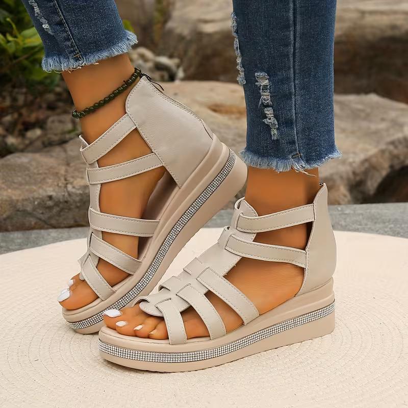 The 2025 new summer fashion wedge heel rhinestone thick-soled Roman sandals are elegant and stylish with hollow designs