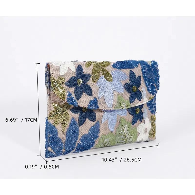 Ladies' Cotton and Linen Envelope Bag Sequin Embroidery & Floral Pattern Dual-Use as Evening Party Handbag & Daily Casual Wallet