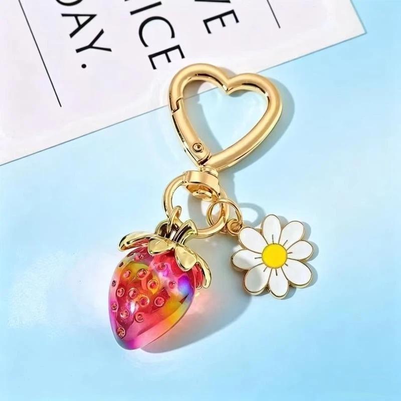 Cute Strawberry Heart Flower Keychain Bag Charms For Girls Purse Gifts Decor Accessories
