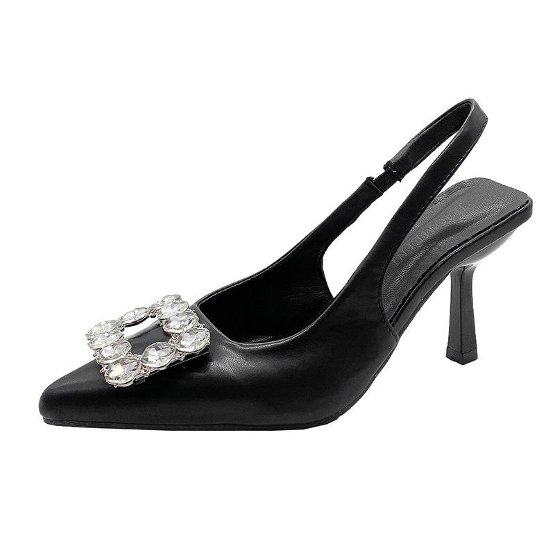 Temperament pointed rhinestones with skirts, high heels, new banquet flash diamonds, square buckle straps, high heels