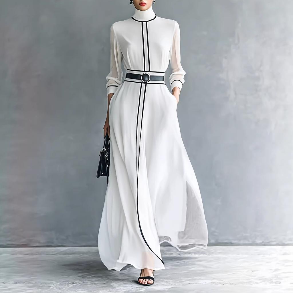 Amazon European and American winter French elegant wind contrasting color long-sleeved dress high-necked chiffon long belt long dress